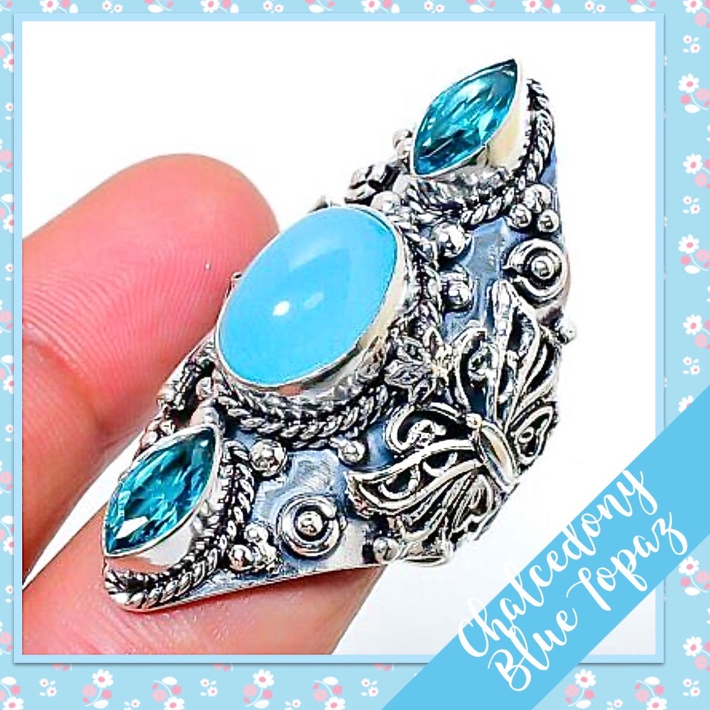 Blue Chalcedony, White Topaz Silver Butterfly Ring Sz 7.5 (Pale Turquoise, Teal) - Picture 2 of 2